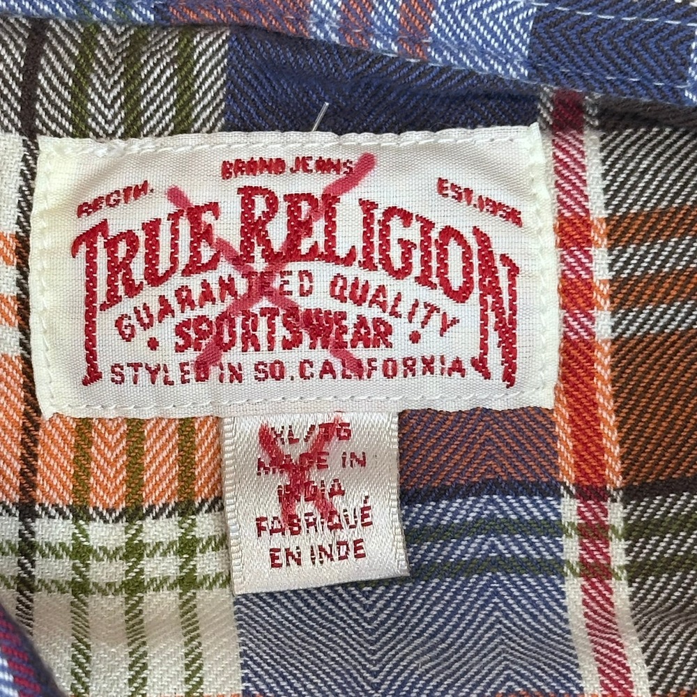 True Religion Service Co Flannel Shirt XL Blue Plaid Back Graphic Embroidered - Picture 3 of 11